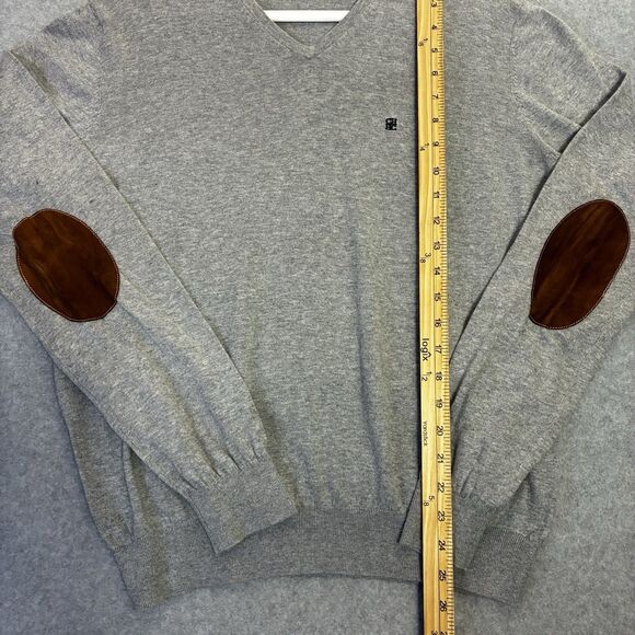 Carolina Herrera Cotton Sweater L Grey V Neck Leather Elbow Patch Classic Fit - Picture 2 of 7